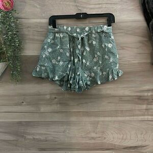Forever 21 Womens Dark Teal Elastic Waist Floral Belted Culotte Shorts Sz Medium